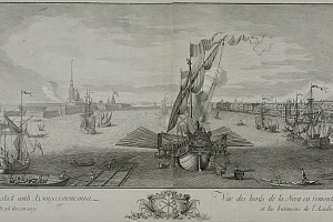 Панорама Невы вверх по течению от Адмиралтейства до Академии наук. Е. Г. Виноградов по рисунку М. И. Махаева. 1753